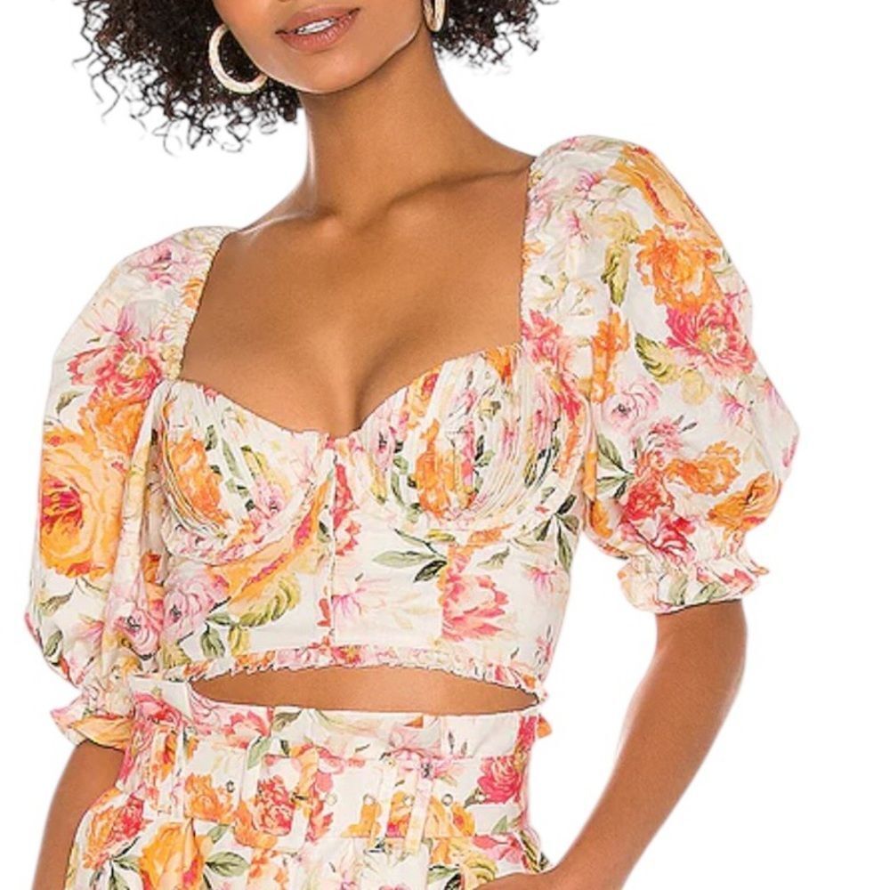 For love bell Floral Sweetheart Crop Top with Puff Sleeves White/Orange Pink med